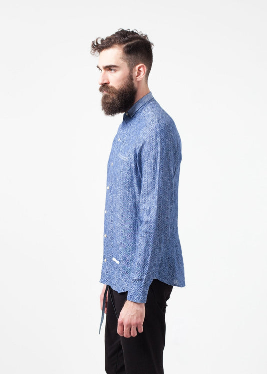 Chemise boutonnée en lin en diamant bleu