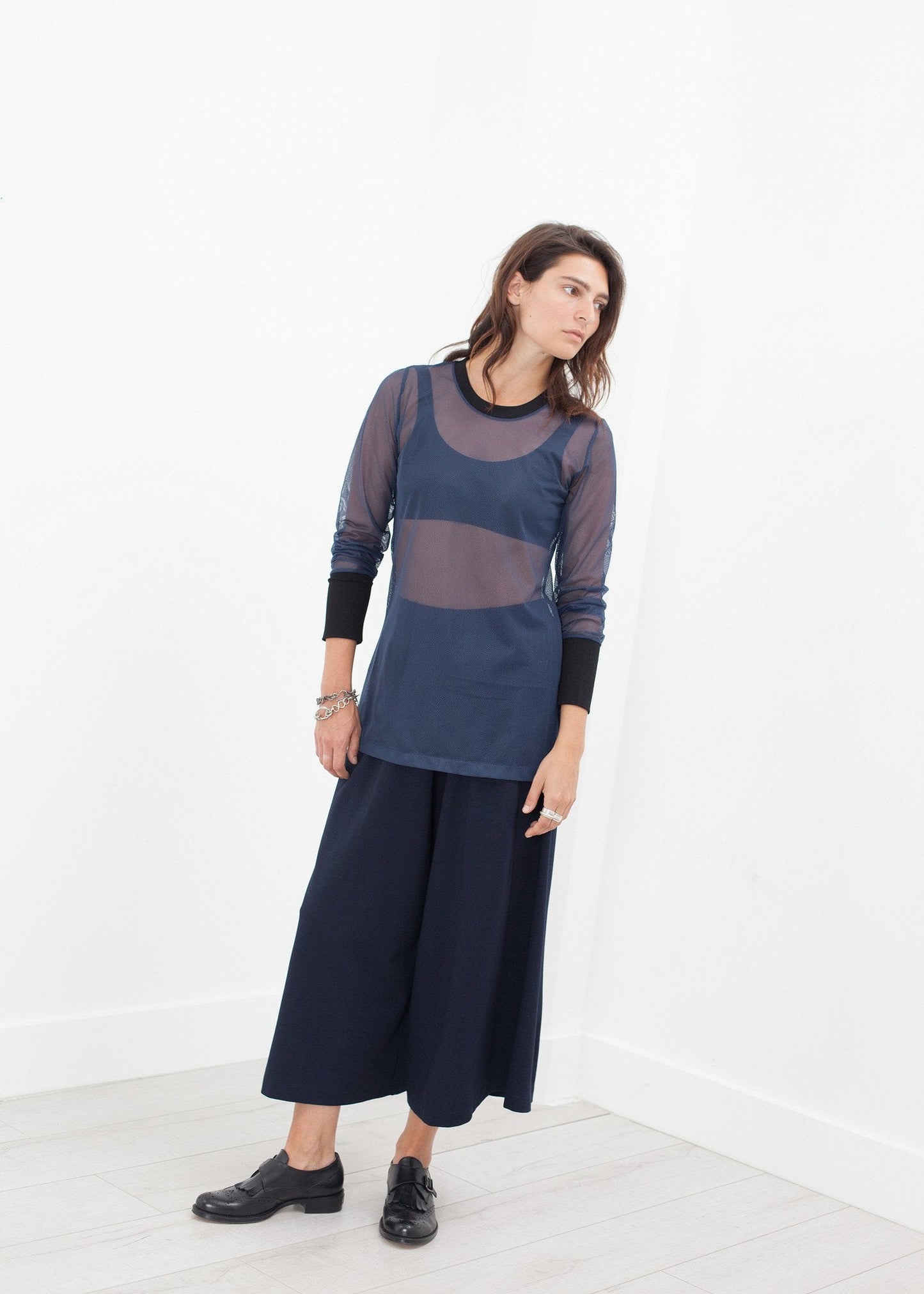 T-shirt en maille à revers en bleu marine/noir