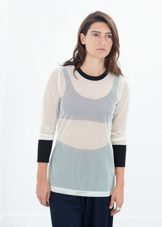 Mesh-T-Shirt mit Bündchen in Creme/Schwarz